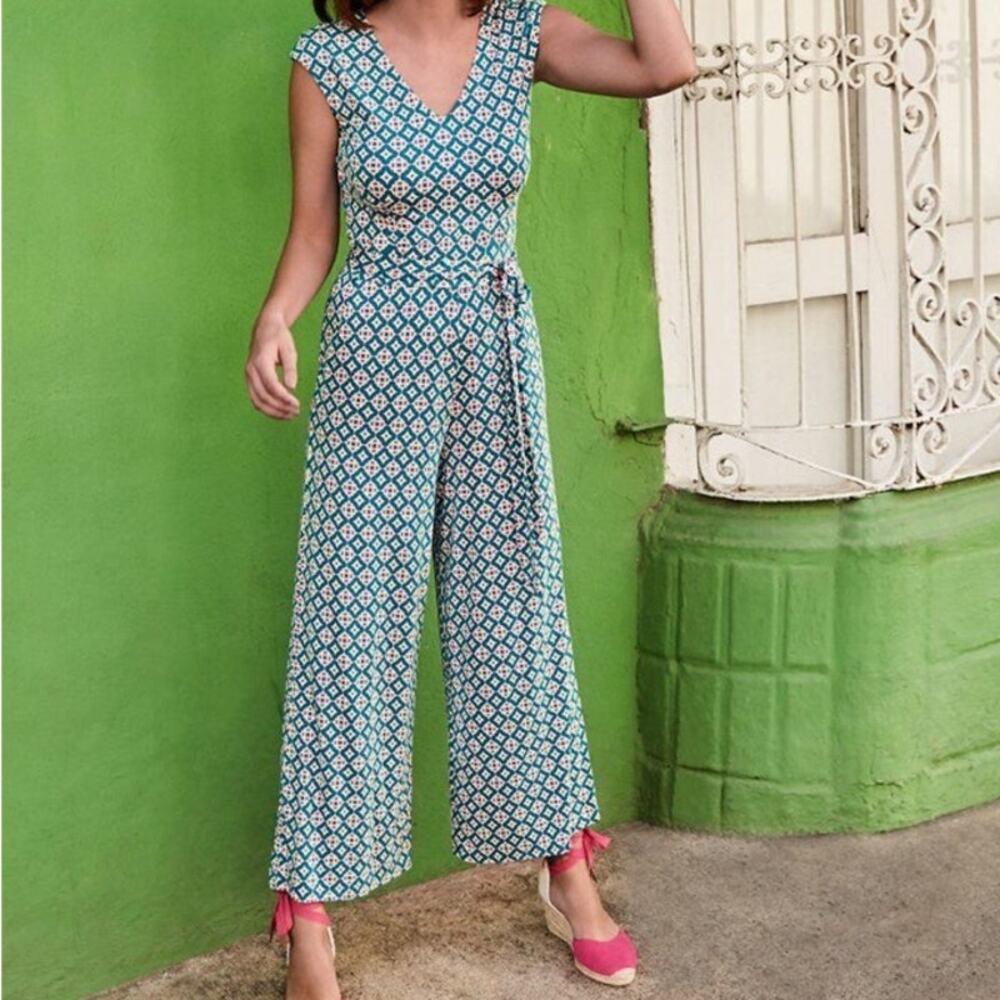 Boden Teal & White Printed Sleeveless Wrap Jumpsuit